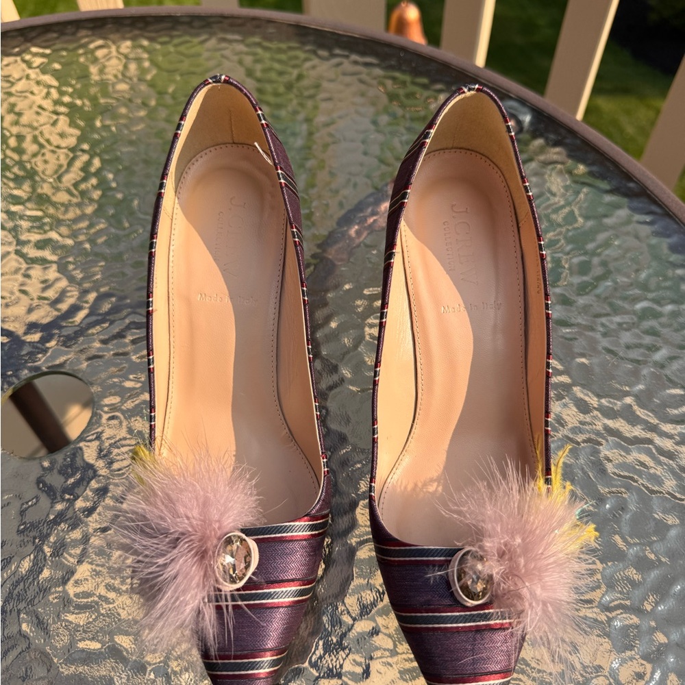 J. Crew Purple Striped Heels with Feather and Jewel